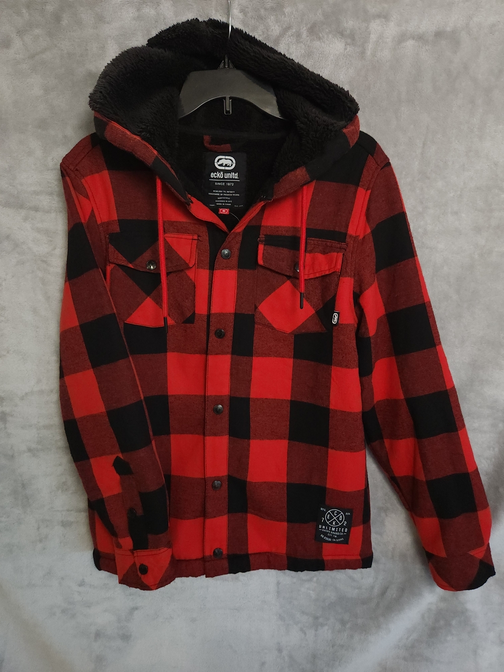 Ecko Unlimited Red and Black Plaid Hooded Sherpa-Lined Shirt Jacket